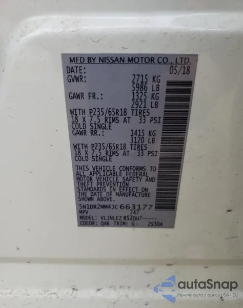 2018 Nissan Pathfinder S z USA, uszkodzony, nr VIN 5N1DR2MM4JC663177